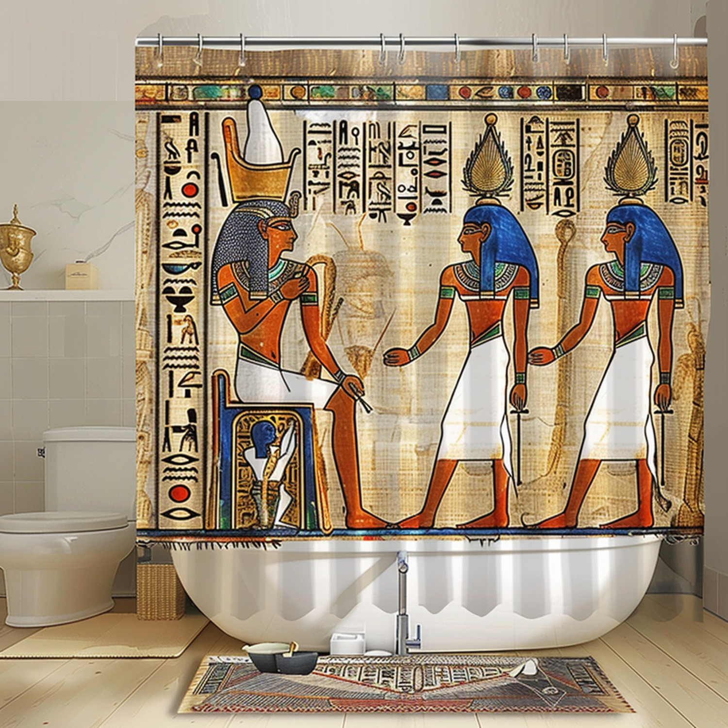 Ultrarealistic Ancient Egyptian Style Bathroom Curtain with Papyrus