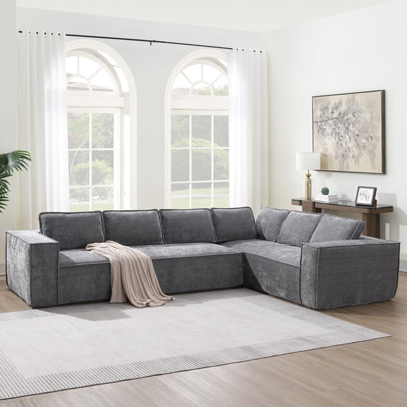 Ultra-thick Chenille Fabric Sectional, 6 Seat, 129.5", Modular, No Assembly, Living Room 129.5" Minimalist Style Modular Sectional , Seat Wrinkle- Couch , Modern L-shaped Cloud For Room, Assembly