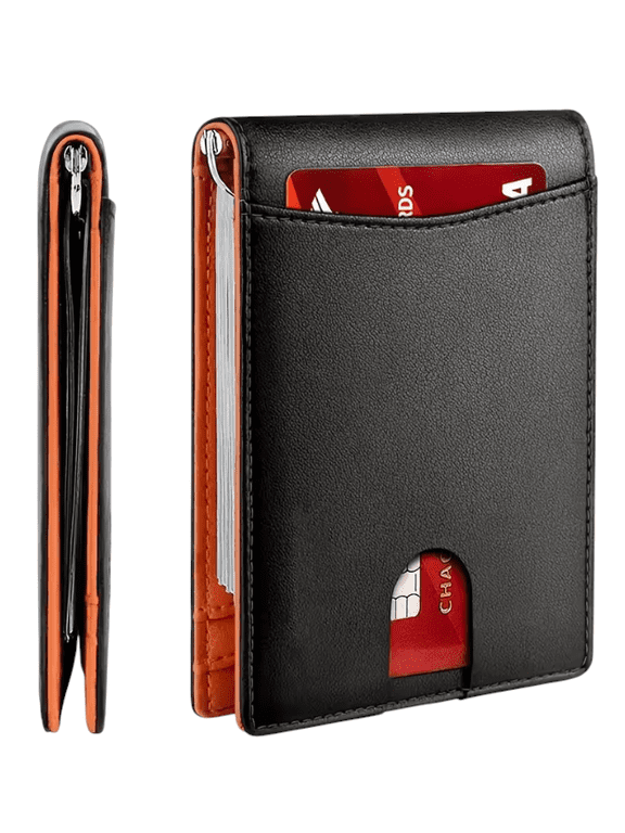Ultra-thin RFID Wallet for Men | RFID Blocking | Money Clip | Black on Orange
