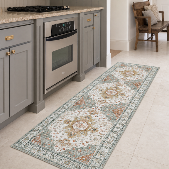 Ultra-thin Washable Runner - 2'6" X 8' Hallway Rug Kitchen & Bathroom Carpet Vintprinted Low Pile Entryway For Apartment Camper Rv Beige/