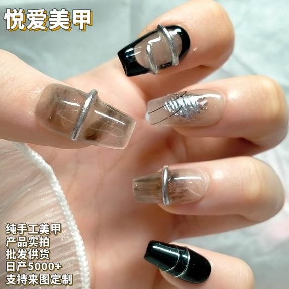 Ultra-thin pure hand-made wearable nail art full stickers seamless black winding magic mirror powder French whitening style press on nails