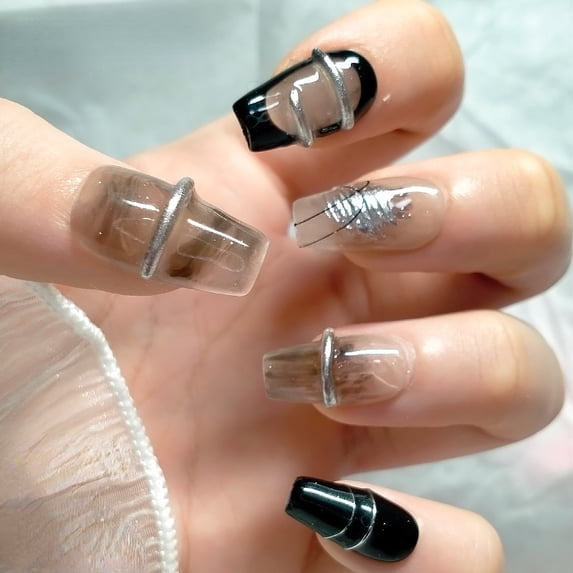 Ultra-thin pure hand-made wearable nail art full stickers seamless black winding magic mirror powder French whitening style press on nails