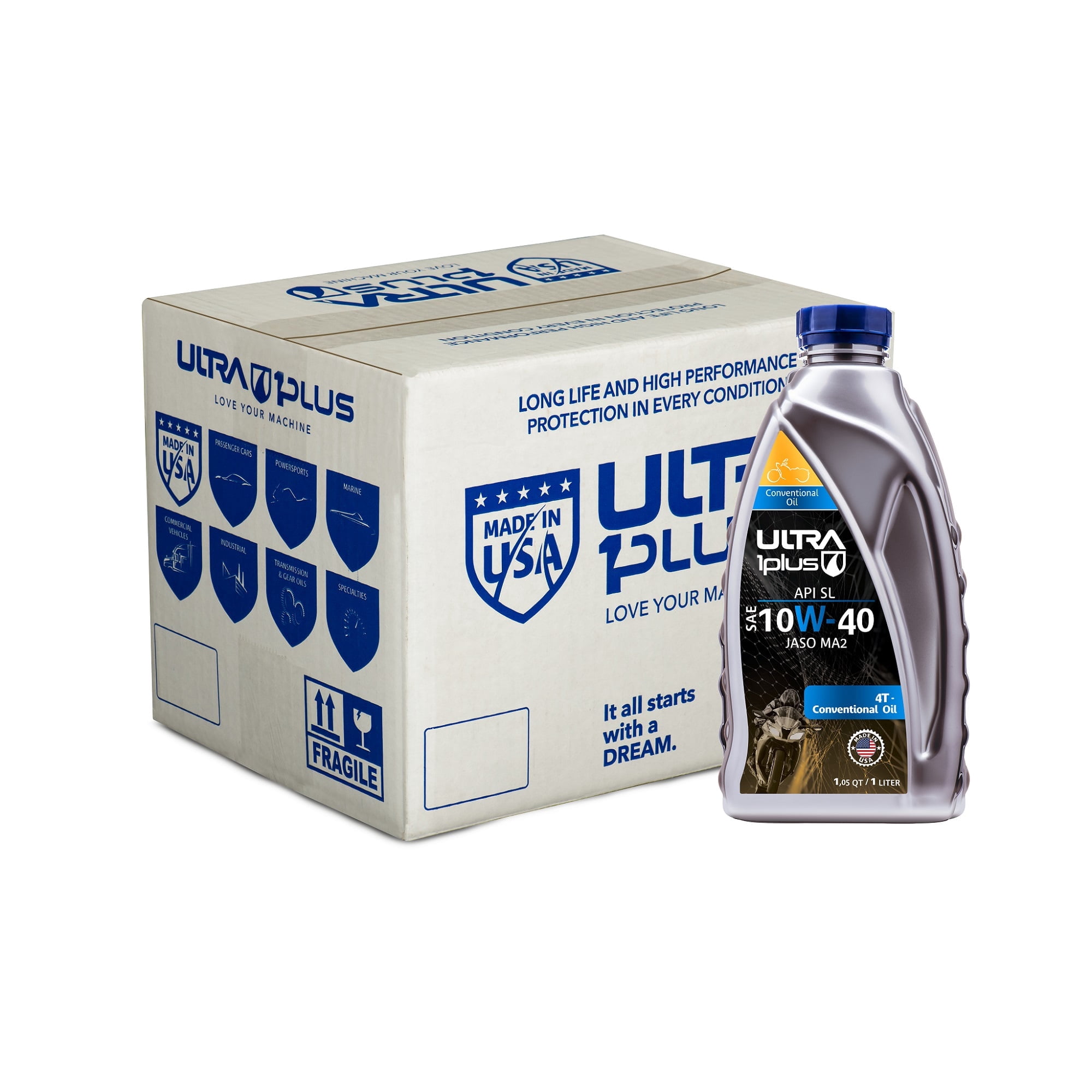 Ultra1Plus SAE 10W-40 Full Synthetic 4T Engine Oil, API SN JASO MA2, 3 Quart Pack, Made In USA