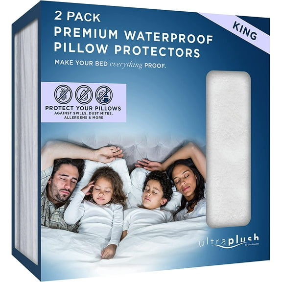 UltraBlock Ultra Plush Premium Waterproof Pillow Protector Set of 2 - Zippered Pillow Case Cover -King