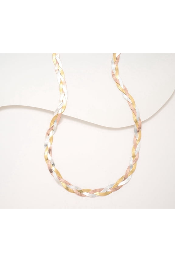Silver Braided Tri-Tone herringbone Necklace, 18"