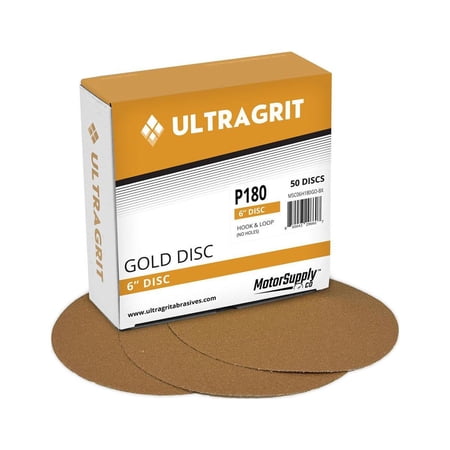 UltraGrit Gold 6” Sanding Disc, Hook and Loop, P180 Grit, No Holes - 50 Discs per Box - Random Orbital Sandpaper