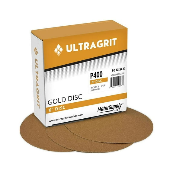 UltraGrit Gold 6” Sanding Disc, Hook and Loop, P400 Grit, No Holes - 50 Discs per Box - Random Orbital Sandpaper