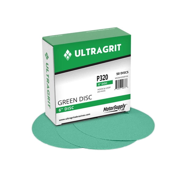 UltraGrit Green 6” Sanding Disc, Hook and Loop PET Film Backing, P320 Grit, No Holes - 50 Discs per Box - Random Orbital Sandpaper