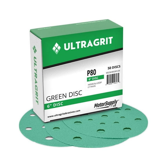 UltraGrit Green 6” Sanding Disc, Hook and Loop PET Film Backing, P80 Grit, 17 Holes - 50 Discs per Box - Random Orbital Sandpaper