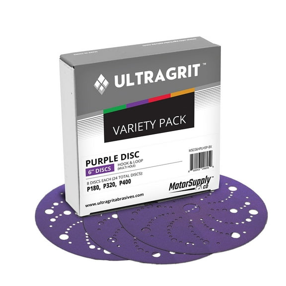 UltraGrit Purple 6" Sanding Disc, Hook and Loop, P180, P320, P400 Variety Pack, Multi-Hole - 24 Discs per Box - Random Orbital Sandpaper