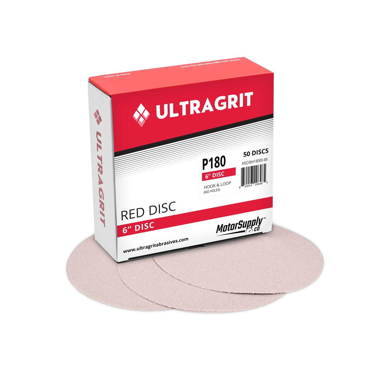 UltraGrit Red 6” Sanding Disc, Hook and Loop, P180 Grit, No Holes - 50 ...