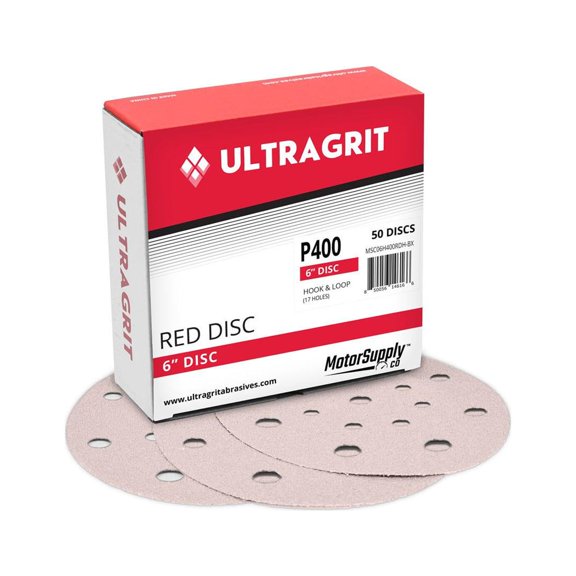 UltraGrit Red 6” Sanding Disc, Hook and Loop, P400 Grit, 17 Holes - 50 Discs per Box - Random Orbital Sandpaper