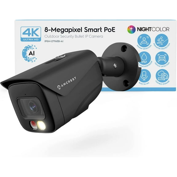 UltraHD 4K (8MP) IP PoE AI Camera, FOV 129, 49ft Color Nightvision, Security Outdoor Bullet Camera, Human & Vehicle Detection, Active Deterrent, 4K @15fps, IP8M-2796EB-AI (Black)