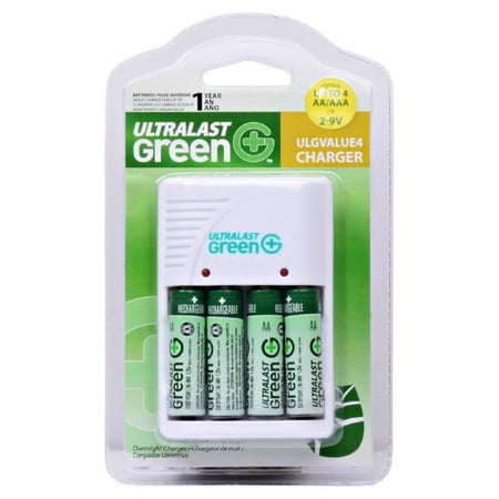 UltraLast Green - Standard AA/AAA Charger with 4 AA Batteries - White