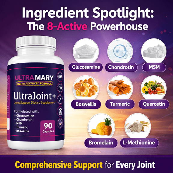Ultra Mary Advanced Joint Formula, 90 Caps-1500mg Per Serving(ARTICULACIONES) - Glucosamine, Chondroitin, MSM,Indian Frankincense,Turmeric & Bromelain Complex - Support for Cartilage, Mobility & Flex