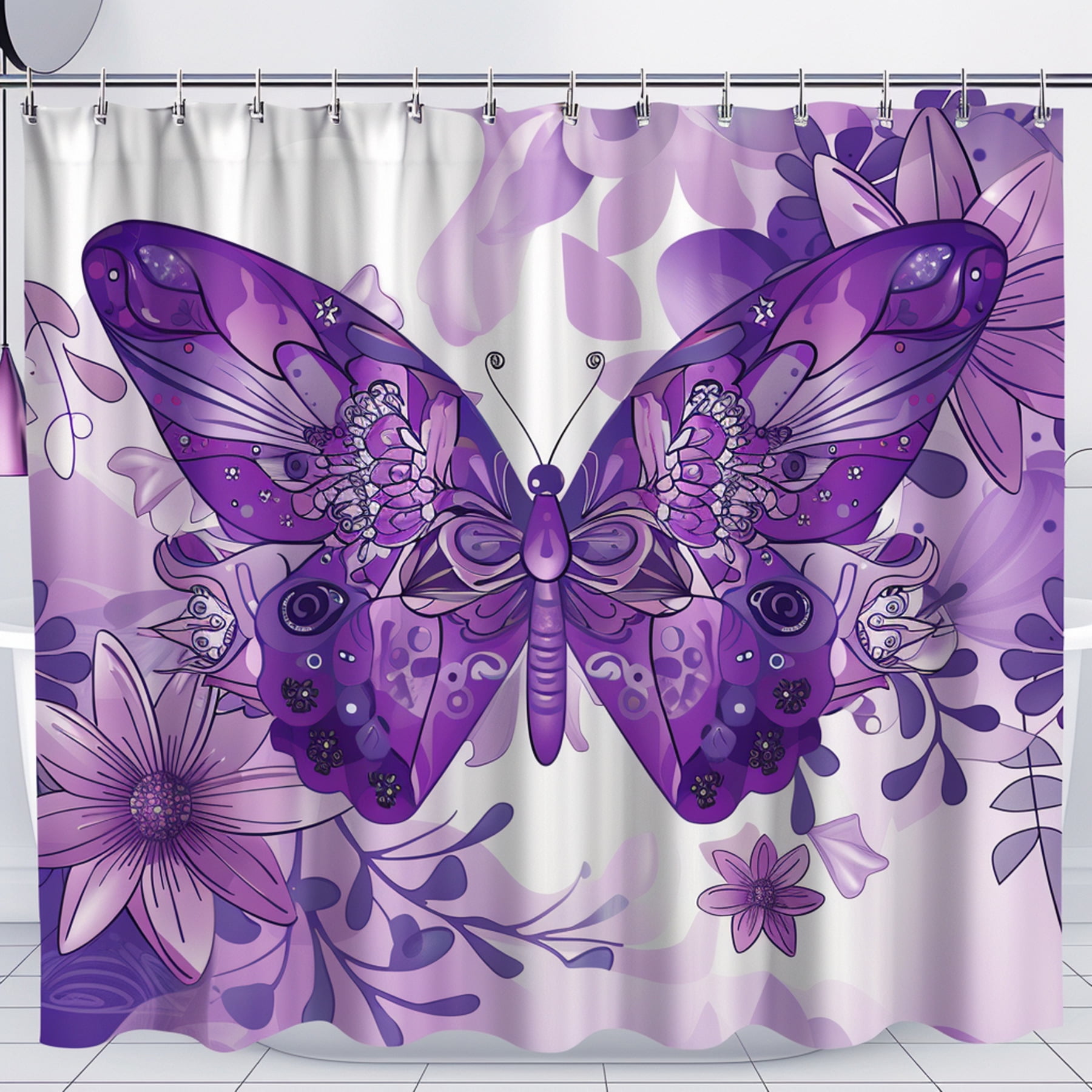 UltraRealistic Purple Butterfly & Floral Geometric Design Shower
