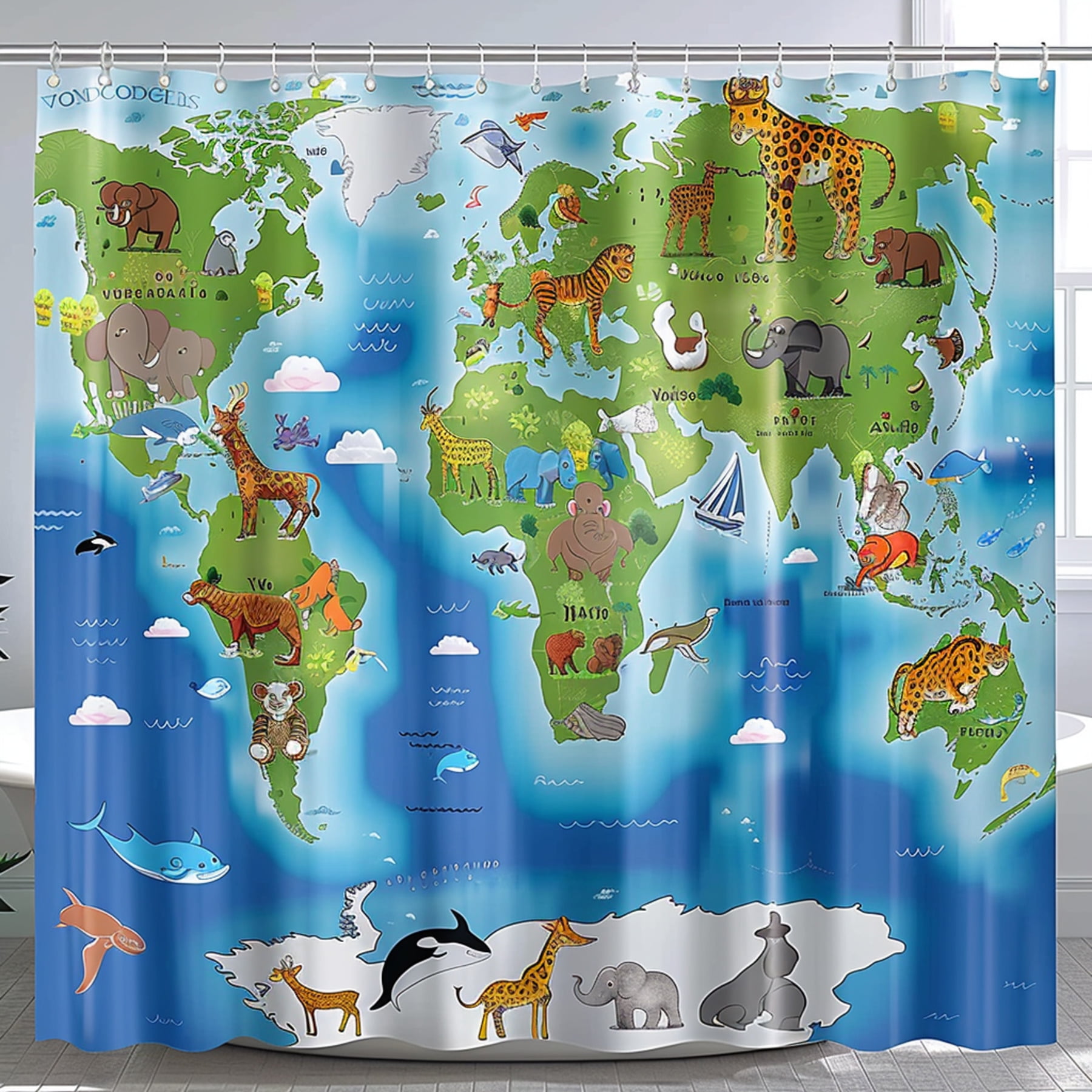 UltraRealistic World Map Animals Cartoon Design Kids Bathroom Curtain Fun and Educational Shower