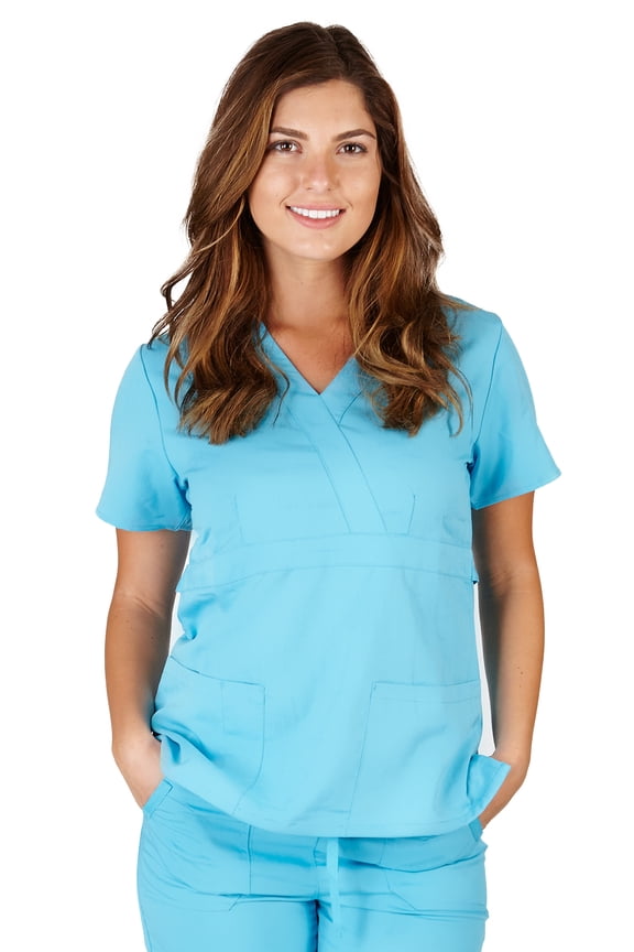 UltraSoft Premium 3 Pocket Mock Wrap Medical Scrub Top For Women - JUNIOR FIT 36147-X-Small (Water Blue)