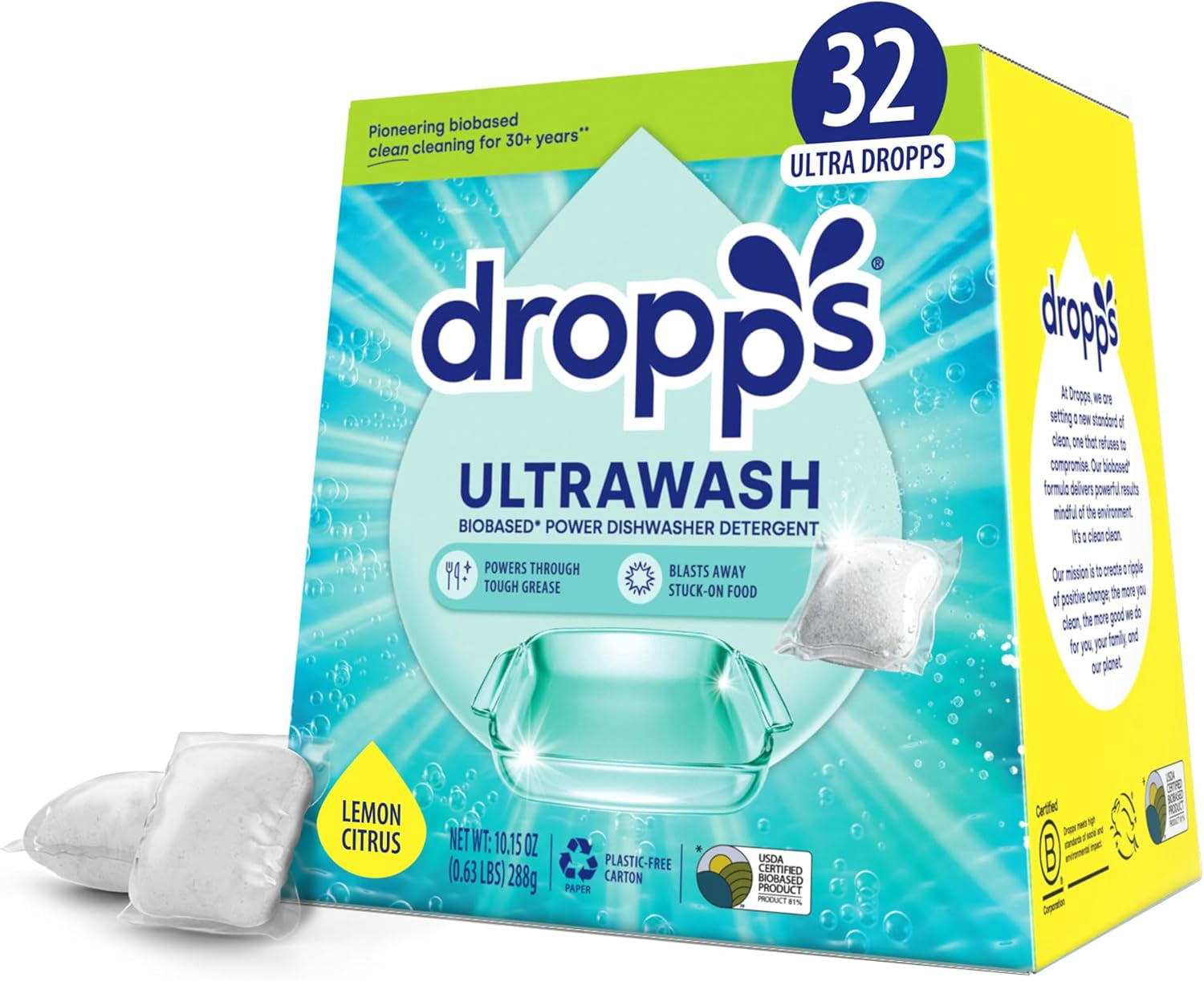 UltraWash Dishwasher Pods, Lemon Citrus (32 Count) - Biobased Power Deep Clean Dishwasher Detergent Tablets for Sparkling Shiny Dishes - No Rinse Aid or Pre-Wash Needed - Dishwashing Pods