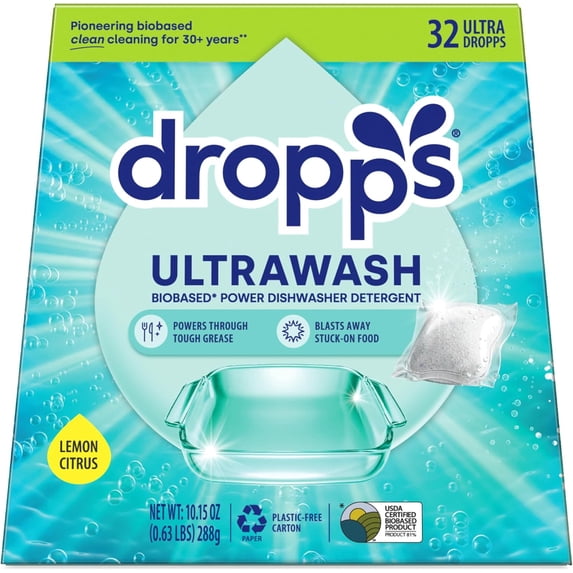UltraWash Pods, Lemon Citrus (32 Ct) - Cuts Grease & Stuck-On Food | Sparkling Dishes & Glasses | Residue-Free | Clean Ingredients | No Pre-Rinse | Plastic Free Packaging