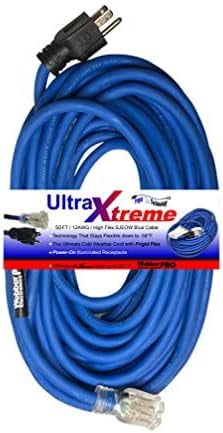 UltraXtreme Hi-Flex All Weather Illuminated Locking /50 FT Locking, 12AWG/ Extension Cord SJEOW Blue/with Frigid Flex Technology