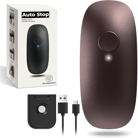 Auto Stop USB Rechargeable Can Opener for Kitchen for Seniors with Arthritis, Long Battery Life, Handfree One Touch, Side Cut for Smooth Edge, Wall Mounted Small Size, Brown