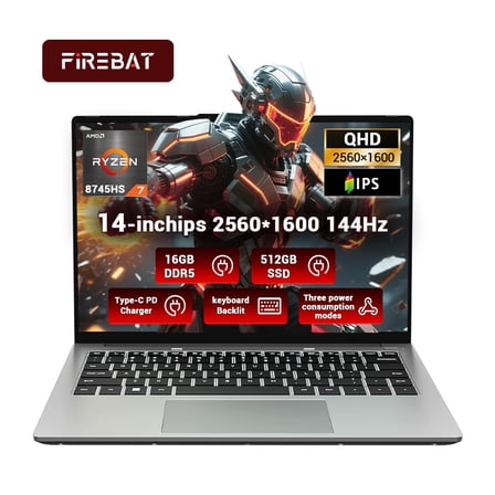FIREBAT Laptop【U4E】 Ultrabook, AMD Ryzen7 8745HS, 14in 2560×1600 QHD, Backlit Keyboard, Radeon 780M Graphics, 16GB DDR5 5600MHz RAM, 512GB PCIe SSD, Portable Student/Home/Business/Workstation/Gaming