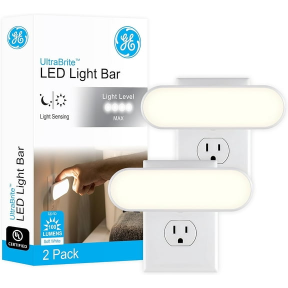 Ultrabrite LED Light Bar Night Lights Plug Into Wall Room Decor Ambient Lighting Dusk to Dawn Sensor Bright Nightlight, White, 100 Lumens, 2 Pack