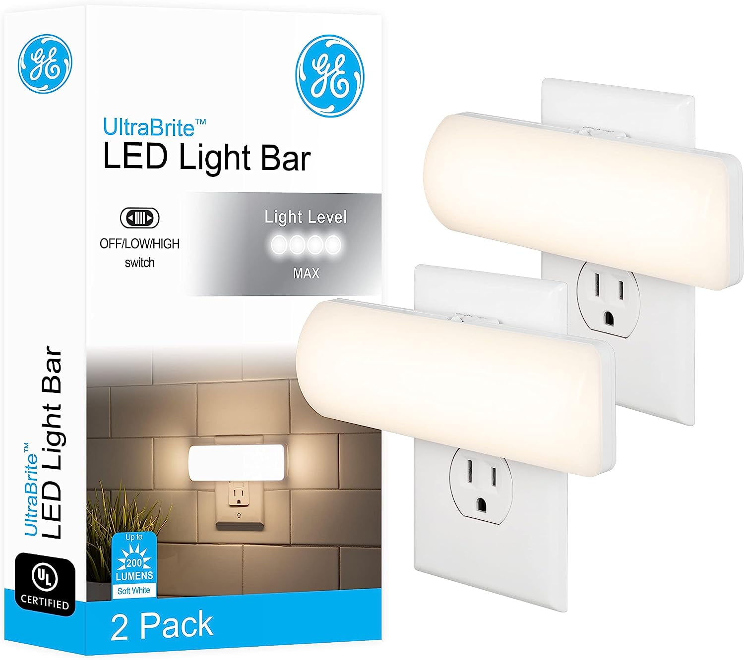 Ultrabrite LED Light Bar Night Lights Plug Into Wall Room Decor Ambient Lighting High/Low/Off Switch Bright Nightlight, White, 200 Lumens, 2 Pack