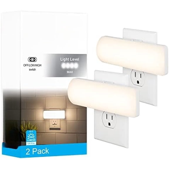 Ultrabrite LED Light Bar Night Lights Plug Into Wall Room Decor Ambient Lighting High/Low/Off Switch Bright Nightlight, White, 200 Lumens, 2 Pack