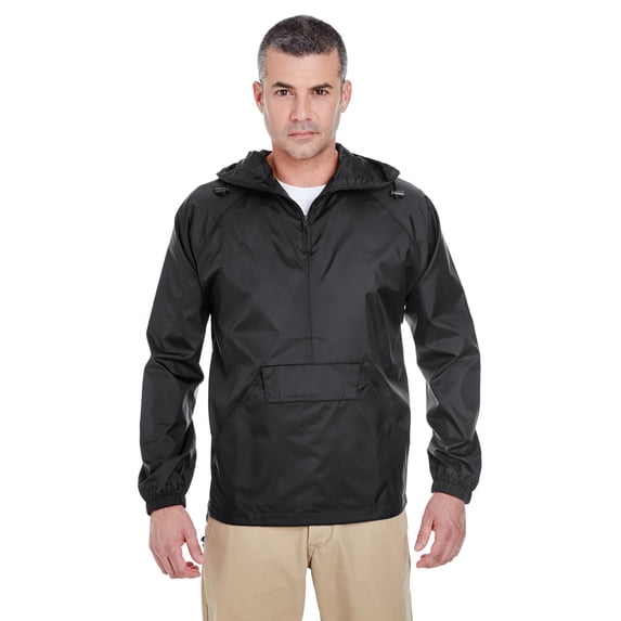 Ultraclub 8925 Adult Quarter-Zip Hooded Pullover Pack-Away Jacket