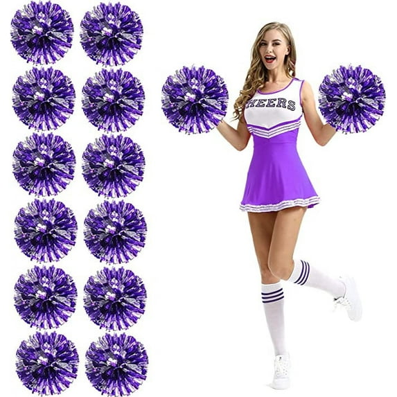Ultrafun 12Pcs Cheerleading Pom Poms with Finger Holes Metallic Foil Cheer Pom Poms for Dance, Matches, Team Spirit Sports, Stage Performance, Carnival Celebration (Purple Silver, Large)