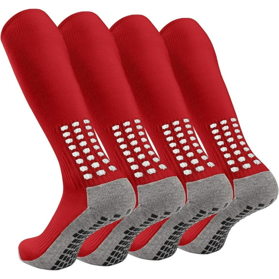 Ultrafun 4 Pairs Soccer Socks Knee High Grip Socks Soccer Non Slip Football Baseball Softball Multi-Sport Socks for Men Women (Red)