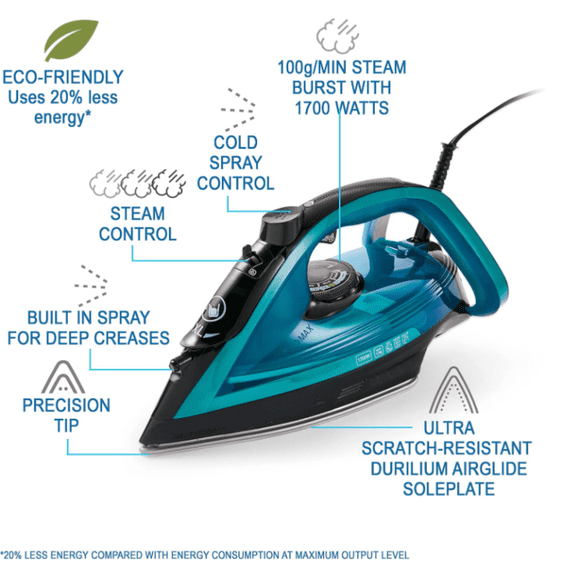 Ultraglide Steam Iron for Clothes Durilium Soleplate, Precision Tip, Anti-Drip, Auto-Off 1800 Watts Ironing, Steaming FV5841U0