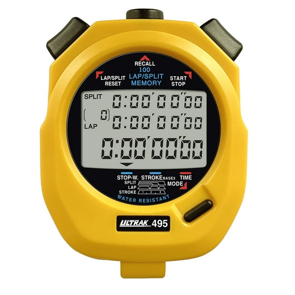 Ultrak 495-100 Lap Memory Stopwatch, 3 Line Display, Yellow