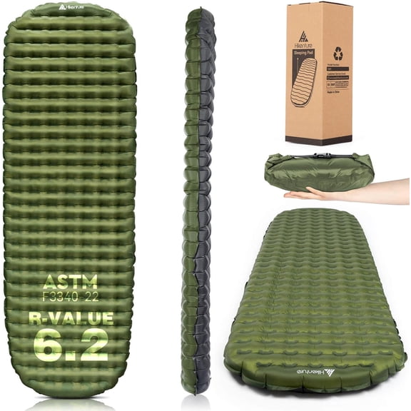 Ultralight All-Season Sleeping Pad with 6.2 R-Value, Green Long Wide, 20D Nylon TPU and Aluminum Layer, Water Resistant