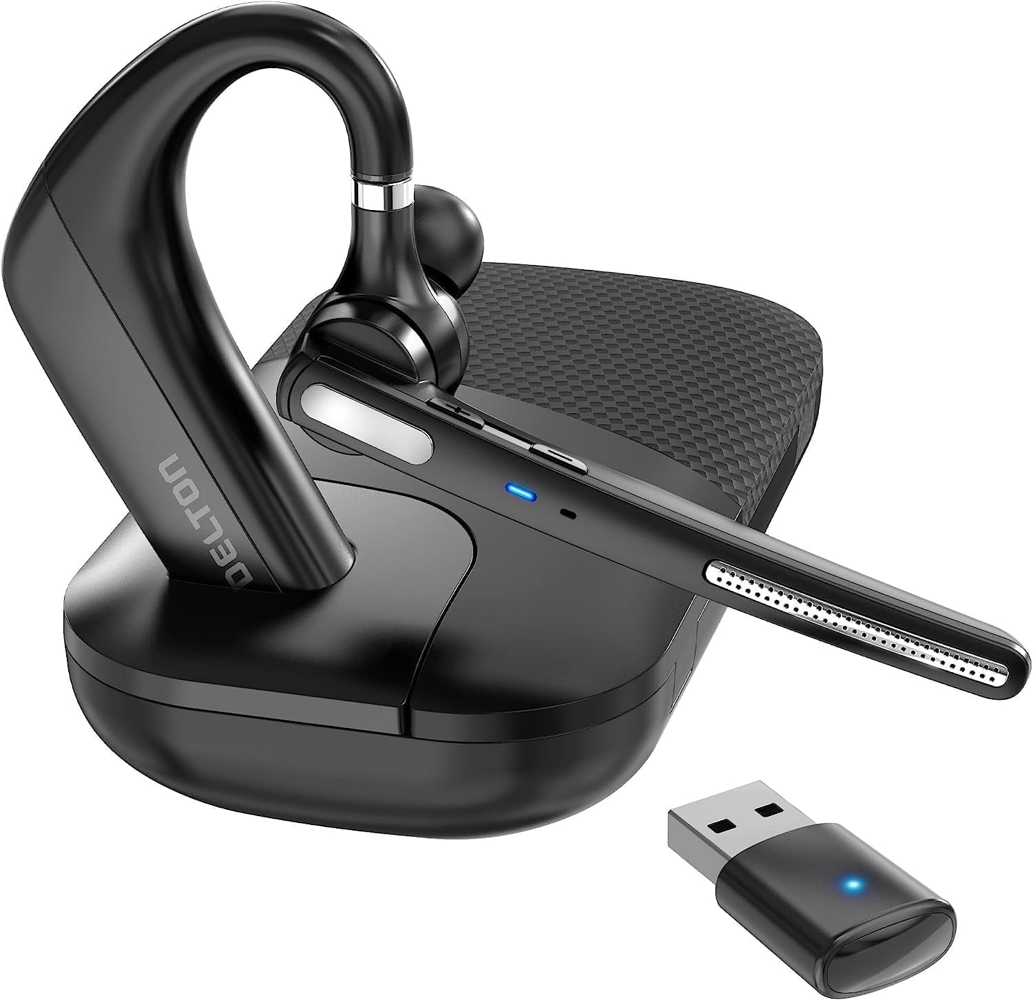 Ultralight Bluetooth Headset with Noise Cancelling Microphone, Bluetooth Earpiece with Charging Case, Auto Pair USB Dongle for PC/Laptop, Compatible with MS Teams, Zoom, Google Meet, and More - Black