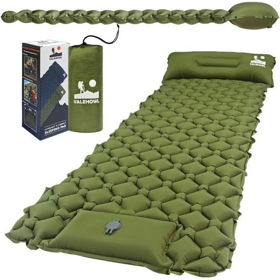 Ultralight Camping Sleeping Pad  R-Value 3.0, Waterproof Air Mattress with Built-In Pillow and Foot Pump, Army Green, Single Size (75" x 25" x 2.7")