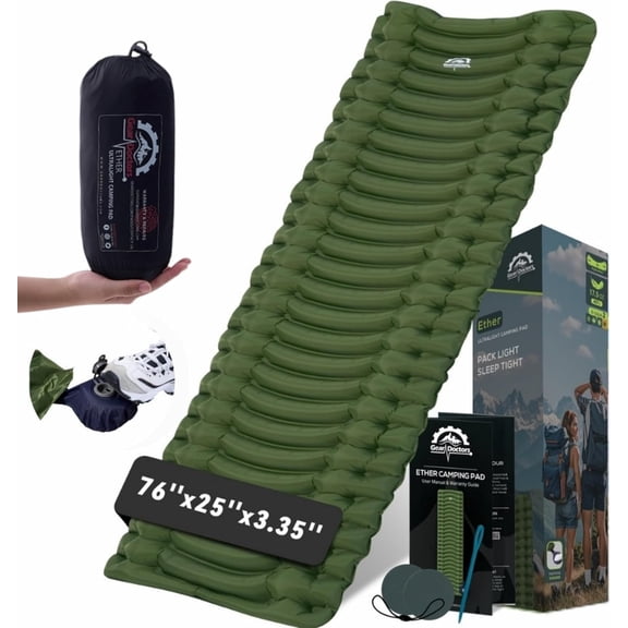 Ultralight Camping Sleeping Pad Single, Ether Color, 72" x 22", 3.35" Thick, Water-Resistant Nylon Air Mattress for Backpacking and Travel