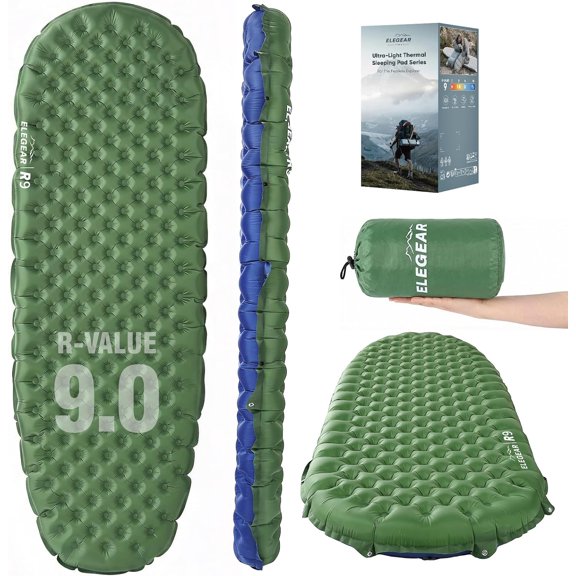 Ultralight Camping Sleeping Pad with 9 R-Value, Insulated Backpacking Mat for All Seasons, Ripstop Nylon Mummy-Shaped Sleeping Pad in Green