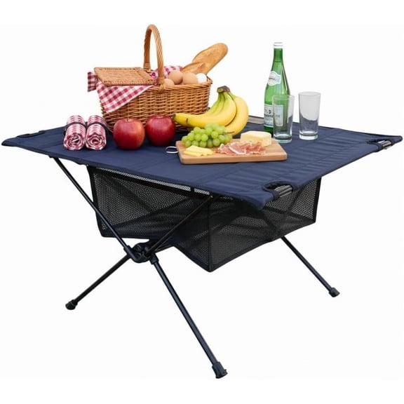 Ultralight Camping Table, Foldable Backpacking Table with Mesh | Lightweight folding camping table with a detachable mesh storage shelf for outdoor meals and gear organization. (Black)