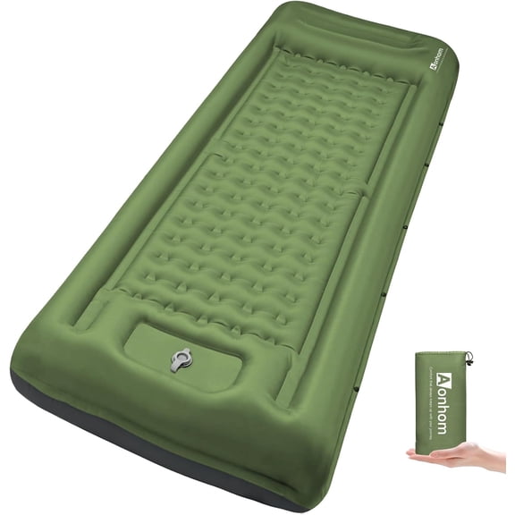 Ultralight Inflatable Sleeping Pad with Pillow and Built-in Foot Pump 77.5 x 28 x 5 Inches, Green, Compact and Self-Inflating