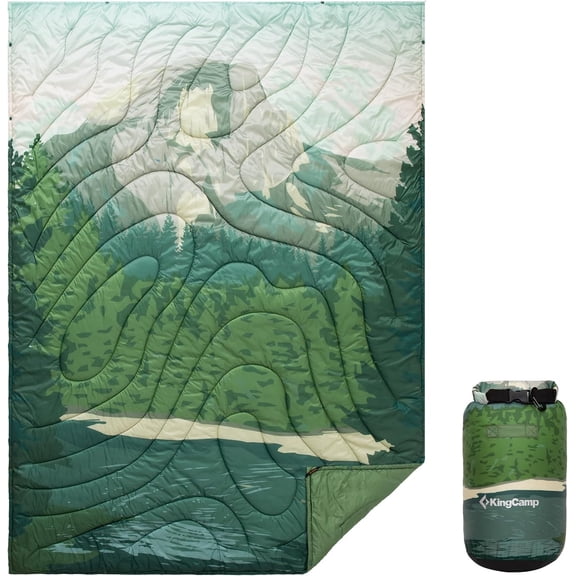 Ultralight Packable Wearable Camping Blanket with Snap Buttons and Corner Loops Weatherproof Quilt Size 79" x 57" Color Scenictrail-Green