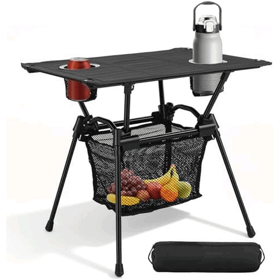 Ultralight Portable Camping Table, 3.2lb Folding Camping Table with Cup Holders & Storage Net, 20in Height for Camping Hiking Tailgating Beach Picnic Travel Patio, 23" x 16", Black