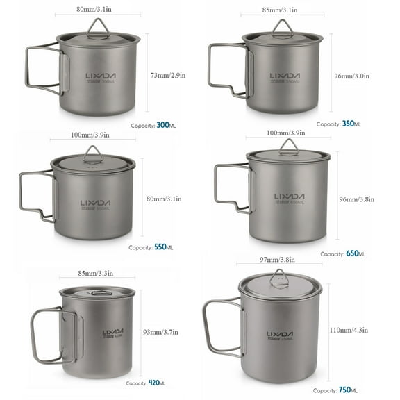 Ultralight Titanium Cup Outdoor Portable Camping Picnic Water Mug with Foldable Handle 300ml / 350ml 450ml 550ml 650ml 750ml