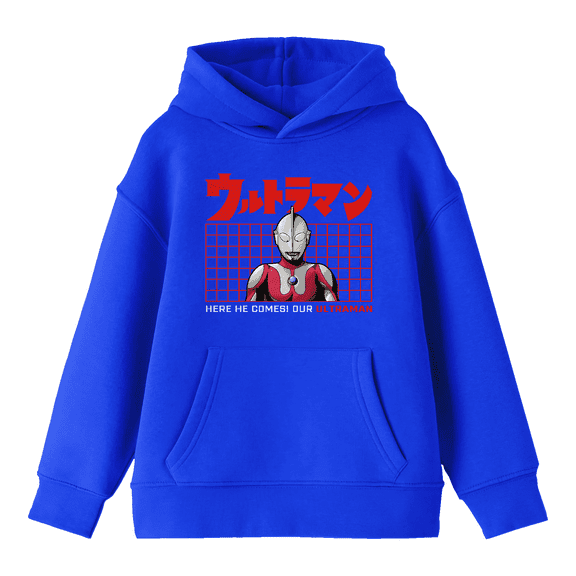 Ultraman Here He Comes Our Ultraman Grid Long Sleeve Royal Blue Youth Hooded Sweatshirt-Large