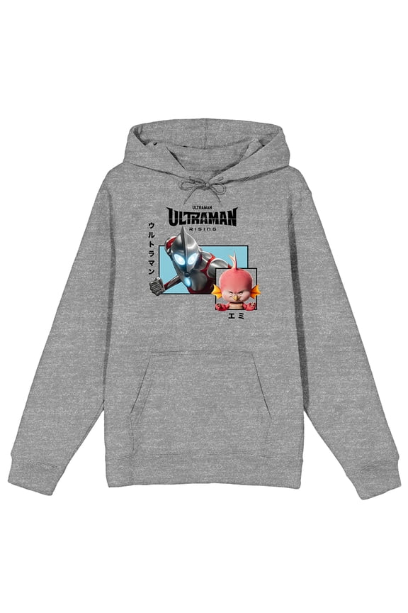 Ultraman: Rising Emi & Ultraman Adult Gray Heather Long Sleeve Hooded Sweatshirt-3XL