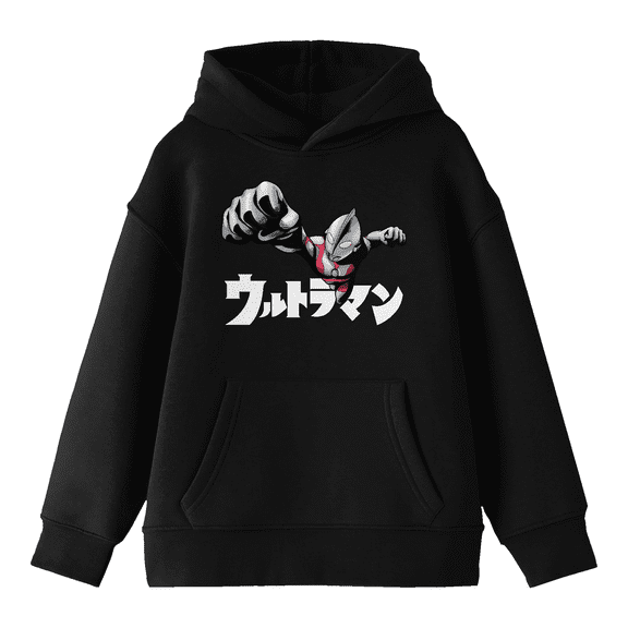 Ultraman with Red Filter and Kanji Logo Youth Black Hoodie-XL