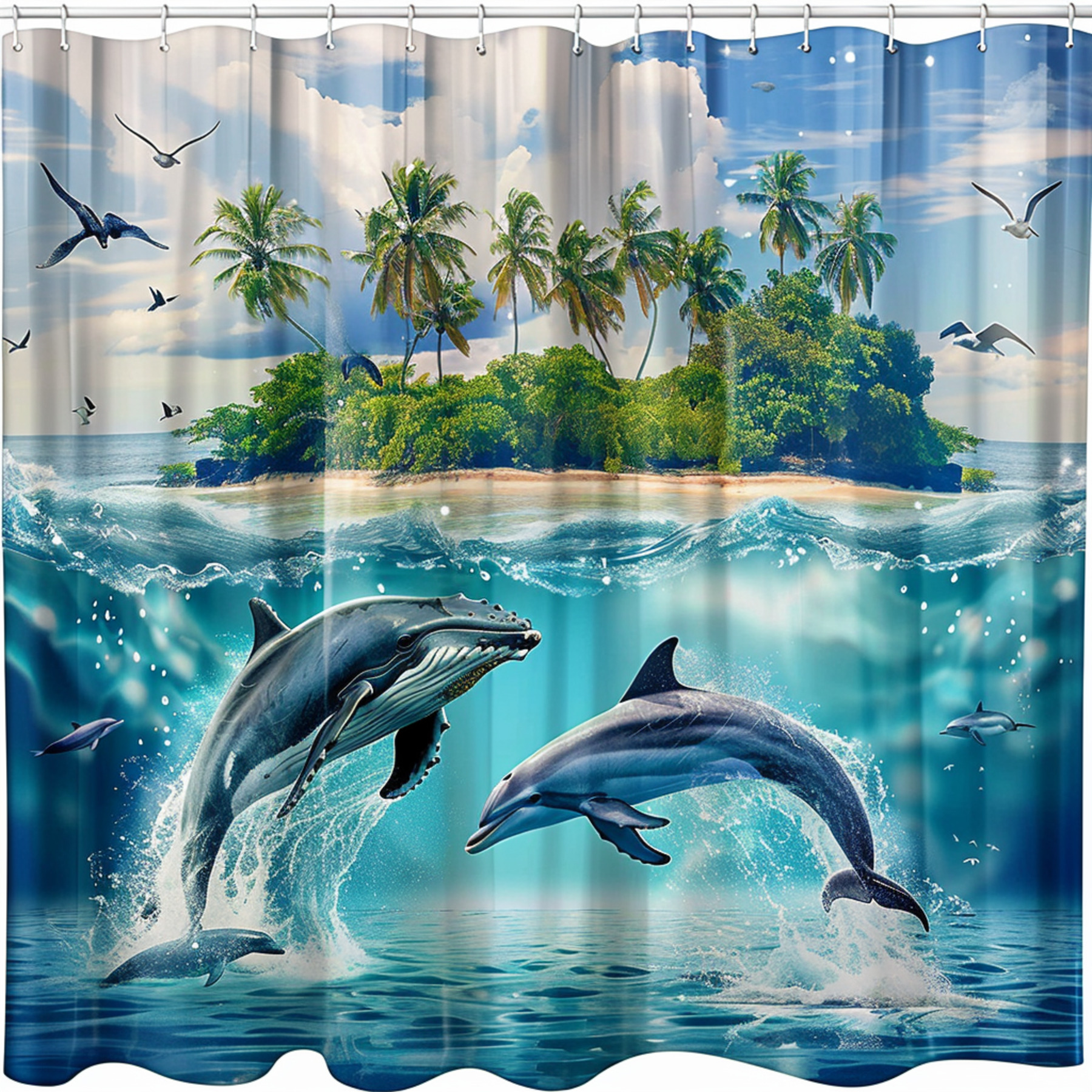Ultrarealistic ocean scene shower curtain with humpback whales and