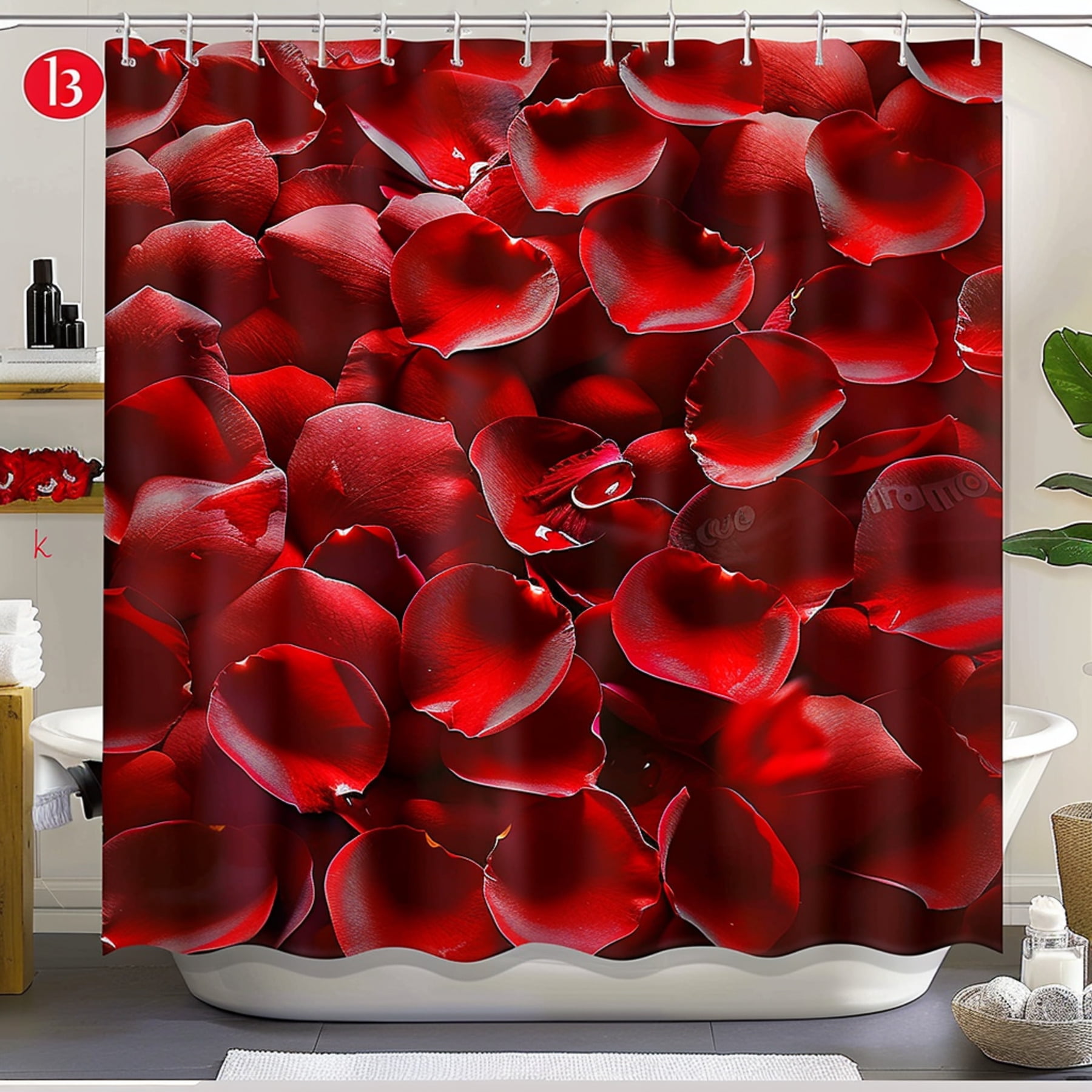 Ultrarealistic red rose petals shower curtain for an bathroom upgrade